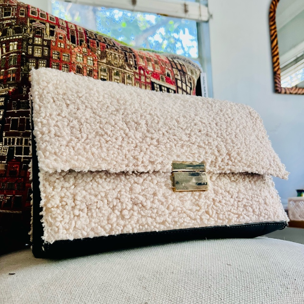 Cuddly Cream Sherpa Clutch with Gold-Tone Hardware